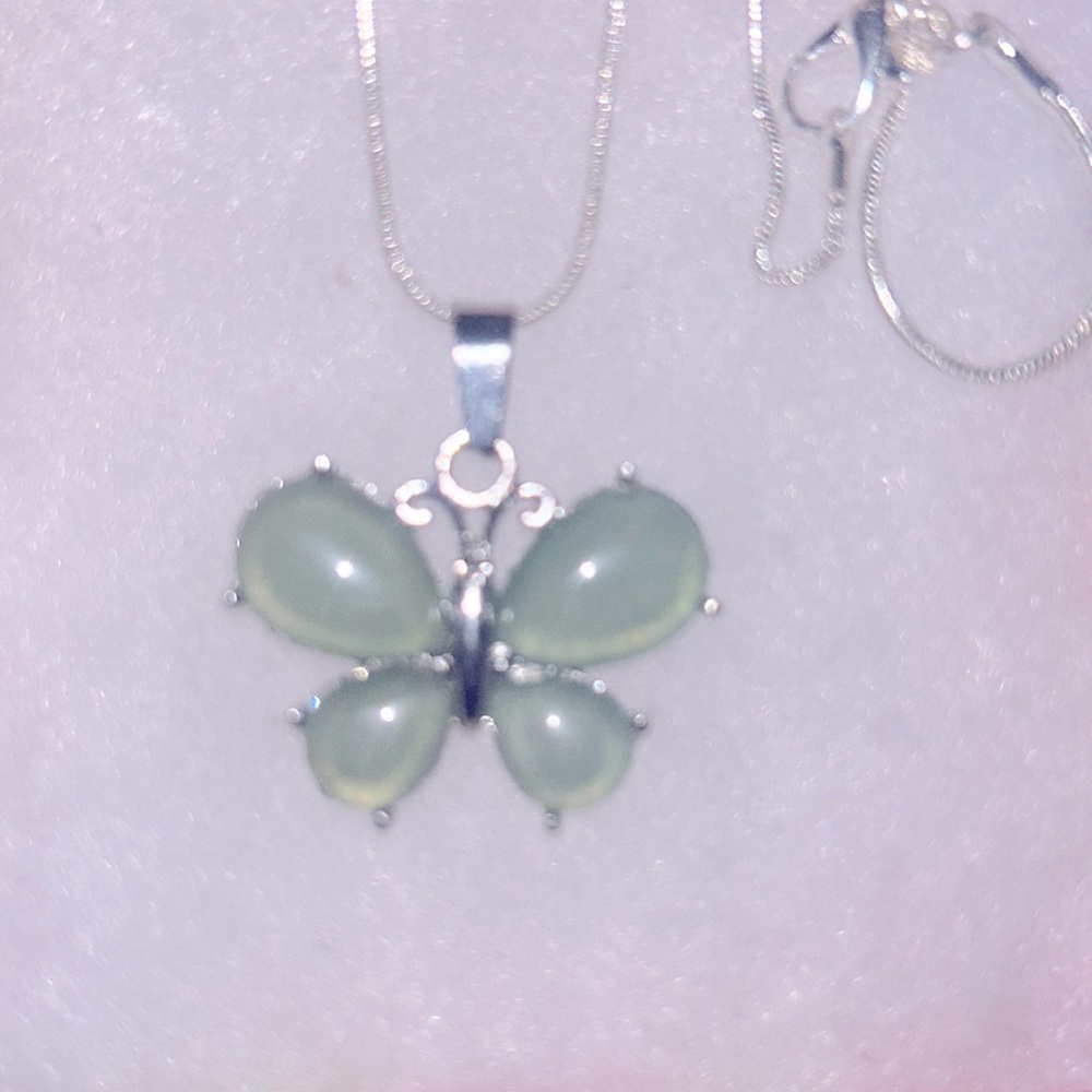 Boho hippie Jade Butterfly Sterling Silver 16” Necklace